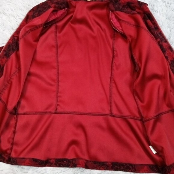 Notations Womens Jacket Red Petite Large Floral Zip Up Shoulder Pads Stretch PL - Picture 3 of 13